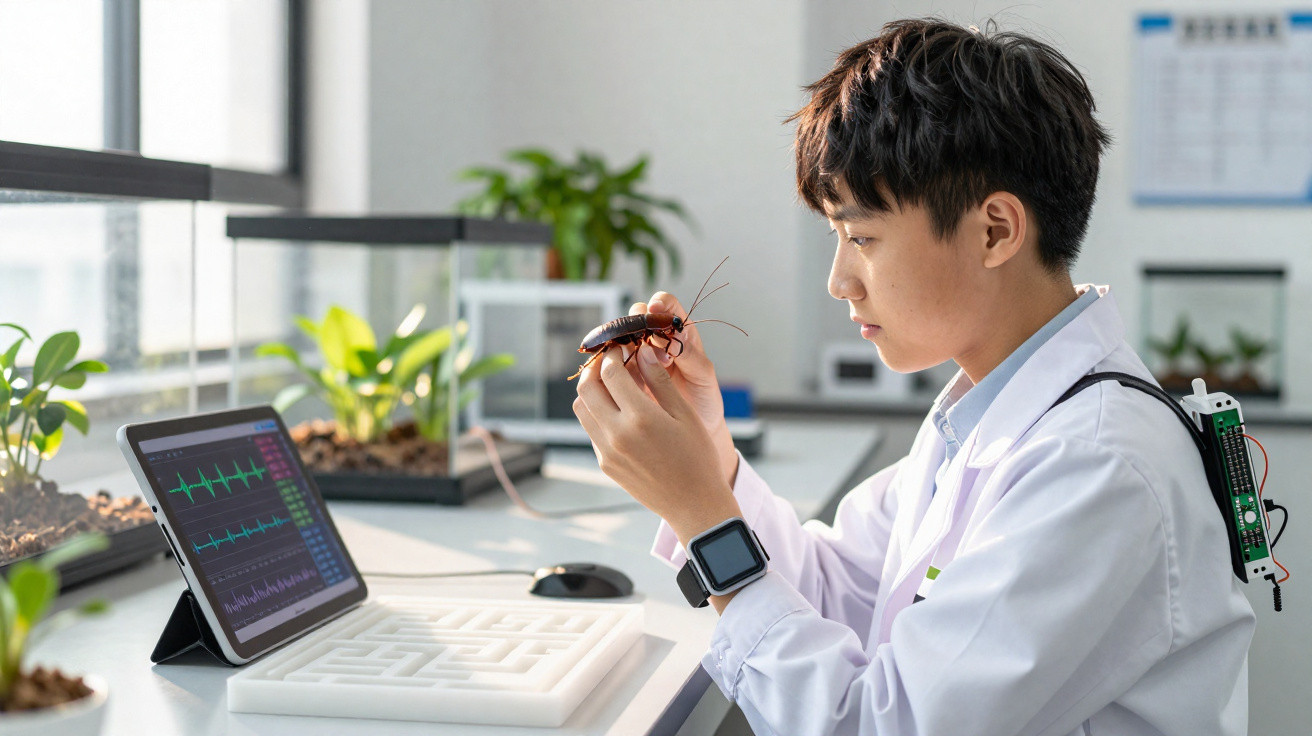 Jovem cientista a observar um grande inseto enquanto trabalha num laboratório com plantas e equipamentos digitais.