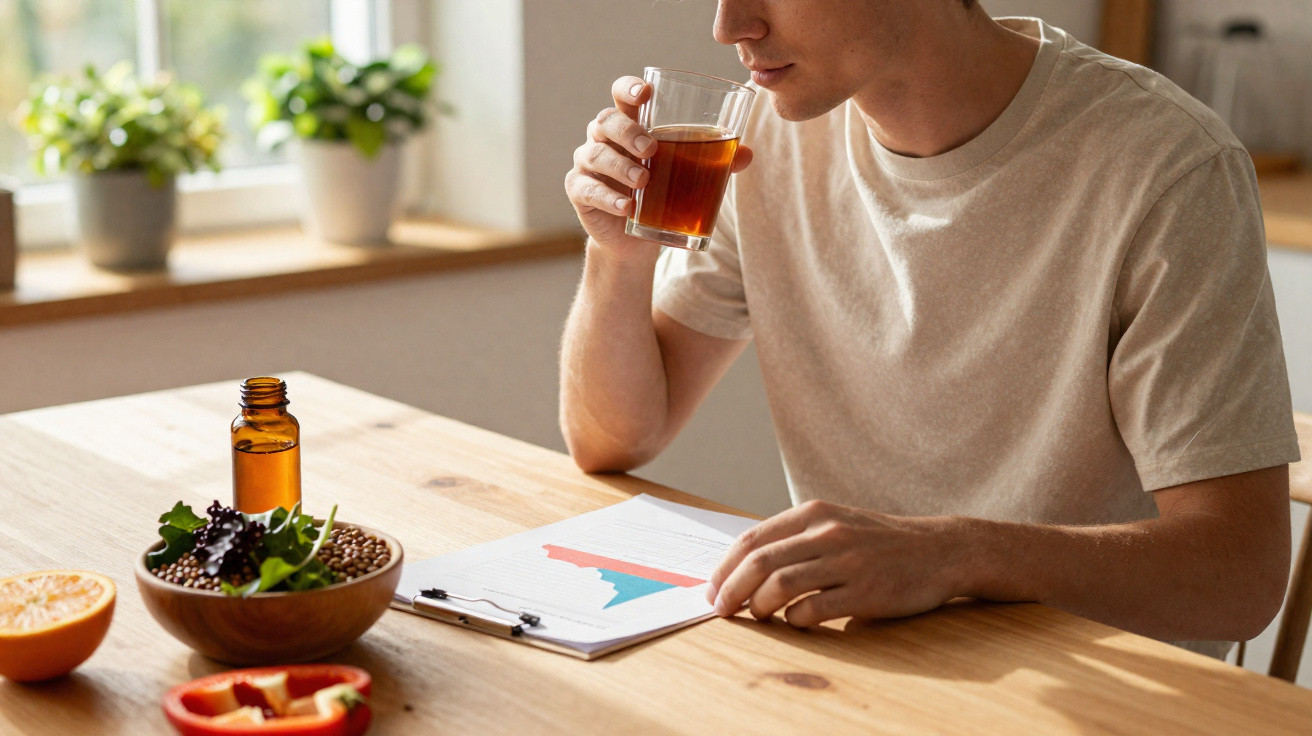Homem a beber chá junto a alimentos naturais e gráficos numa mesa de madeira iluminada pela luz natural.