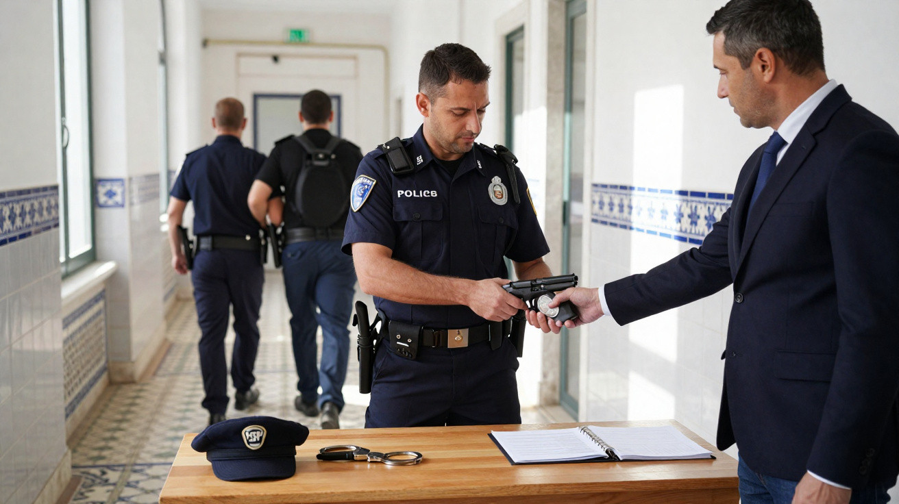 Polícia a receber arma de homem de fato numa receção com algemas e caderno numa mesa num corredor.