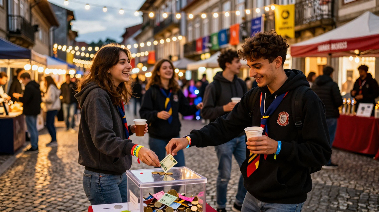 Jovens a doar dinheiro numa caixa transparente numa rua animada com feiras e luzes à noite.