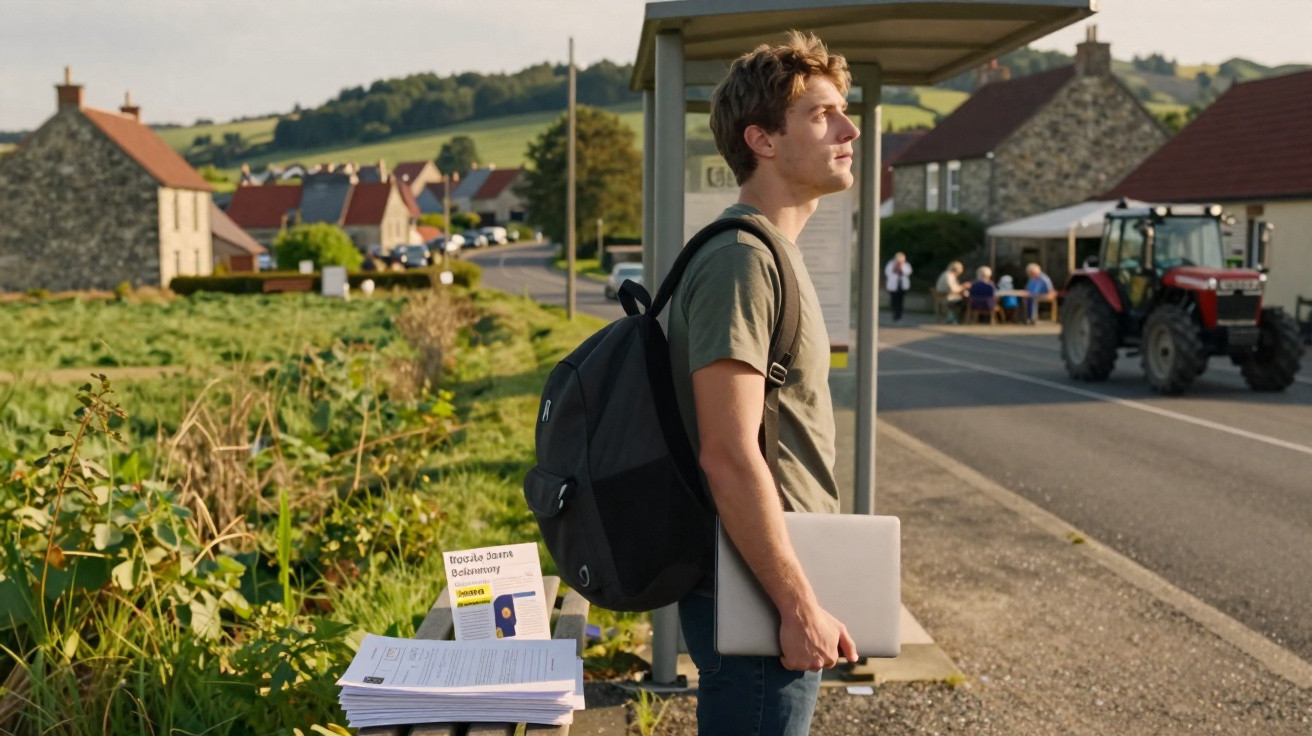 Jovem com mochila e portátil espera autocarro numa paragem rural com casas e um trator ao fundo.