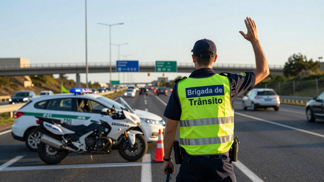 Agente da Brigada de Trânsito a controlar o tráfego numa autoestrada com viaturas e mota oficiais.