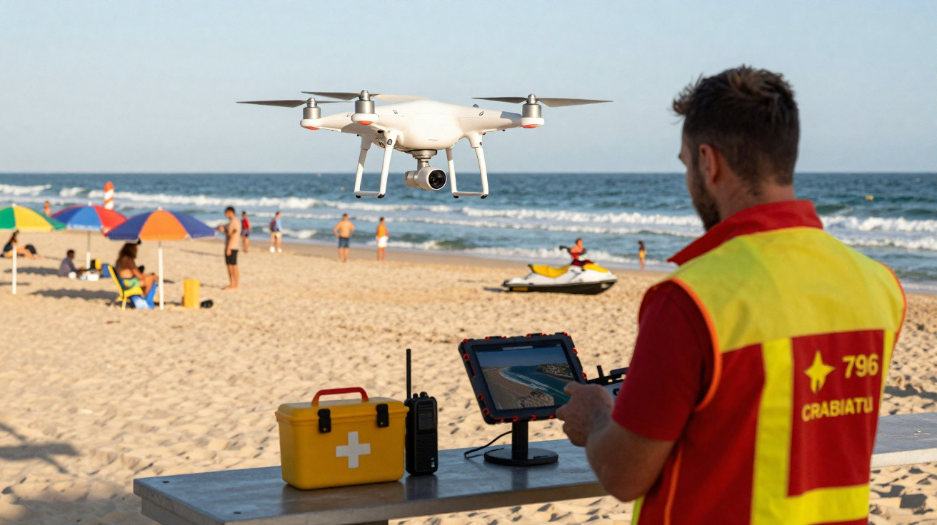 Socorrista na praia a operar drone que vigia banhistas no mar e areia.