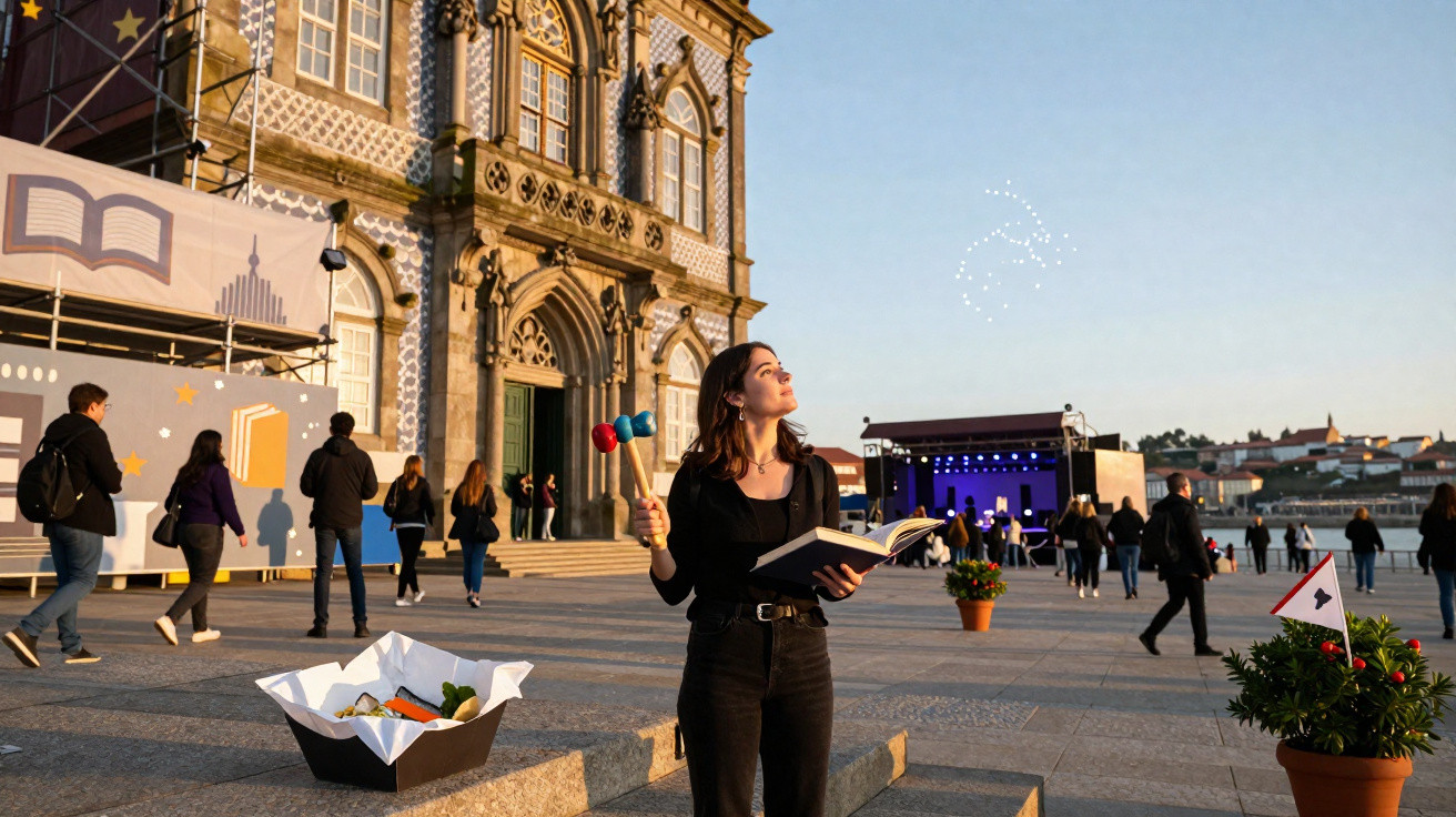 Mulher segura martelos e livro na praça em frente a edifício histórico ao pôr do sol com pessoas ao redor.