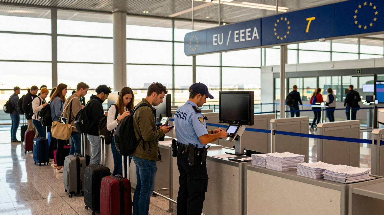 Passageiros a fazer fila para controlo de segurança no aeroporto na zona da União Europeia.