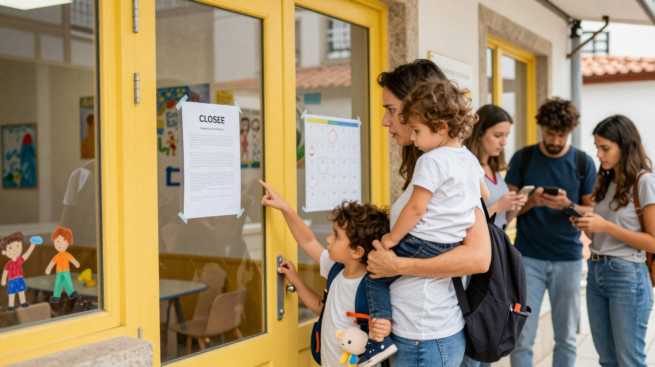 Mãe com dois filhos lê aviso de porta fechada numa escola, com mais três pessoas a usar telemóveis ao fundo.