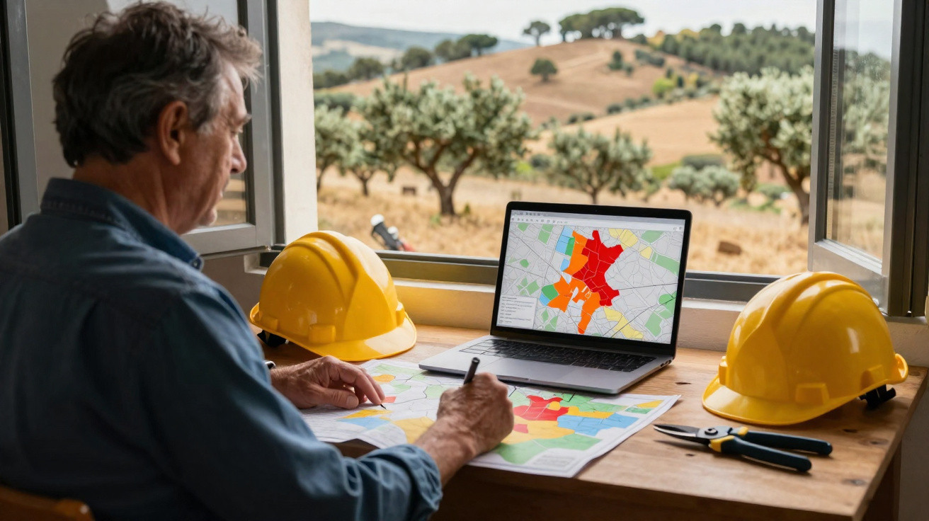 Homem a analisar mapas coloridos numa mesa com capacetes de obra amarelos e computador portátil aberto.