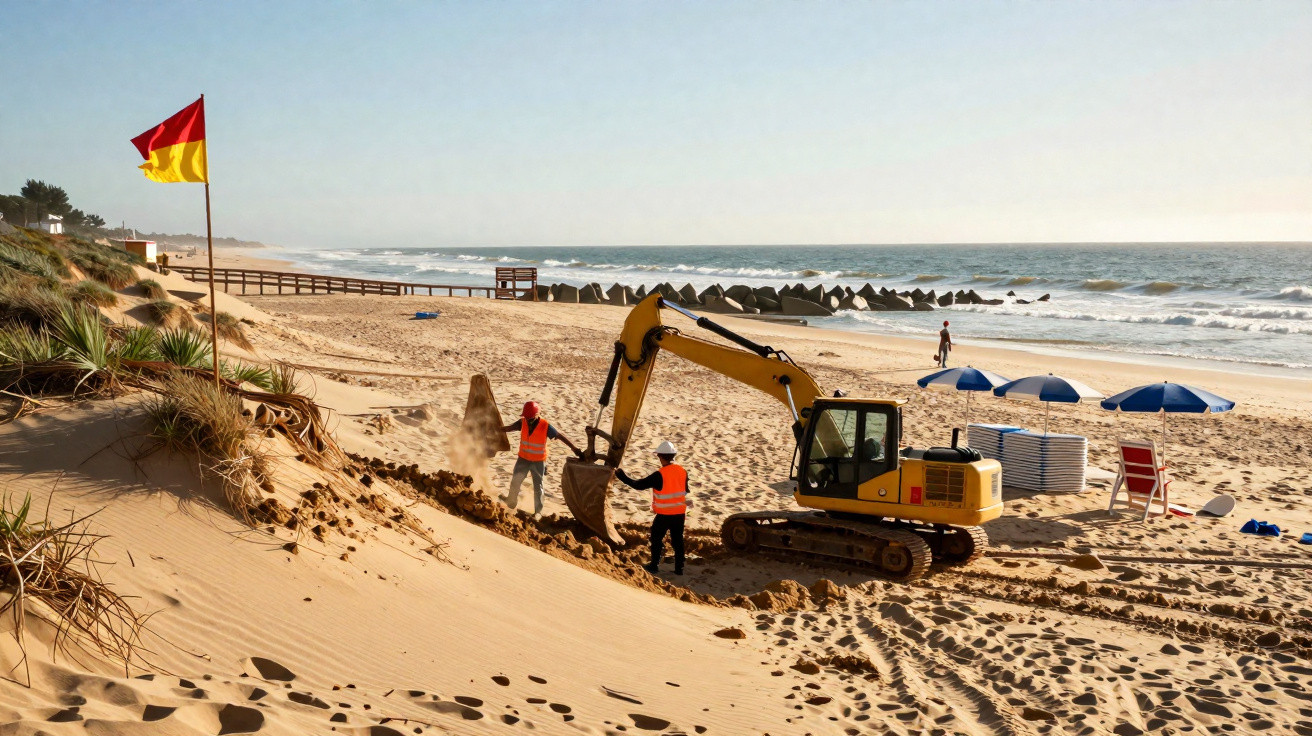 Máquina escavadora e trabalhadores a reparar dunas na praia junto ao mar com guarda-vidas e guarda-sóis no fundo.