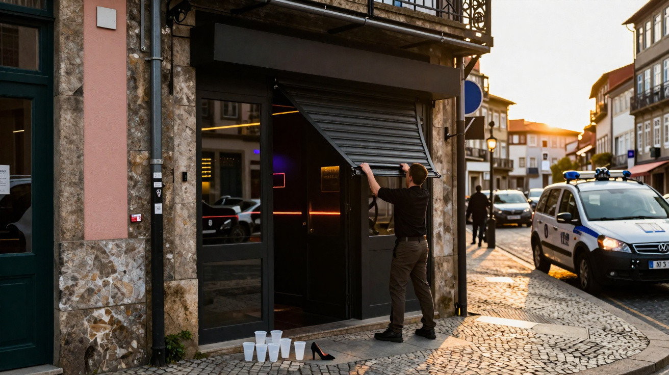 Homem a fechar uma porta de loja ao pôr do sol numa rua com carro da polícia estacionado.