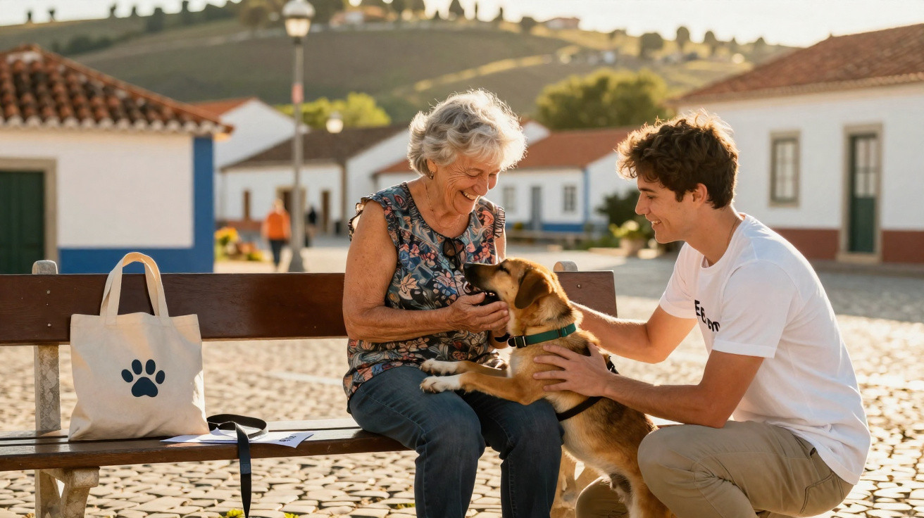 Mulher idosa sentada num banco com um jovem e um cão, numa praça de aldeia típica ao final do dia.