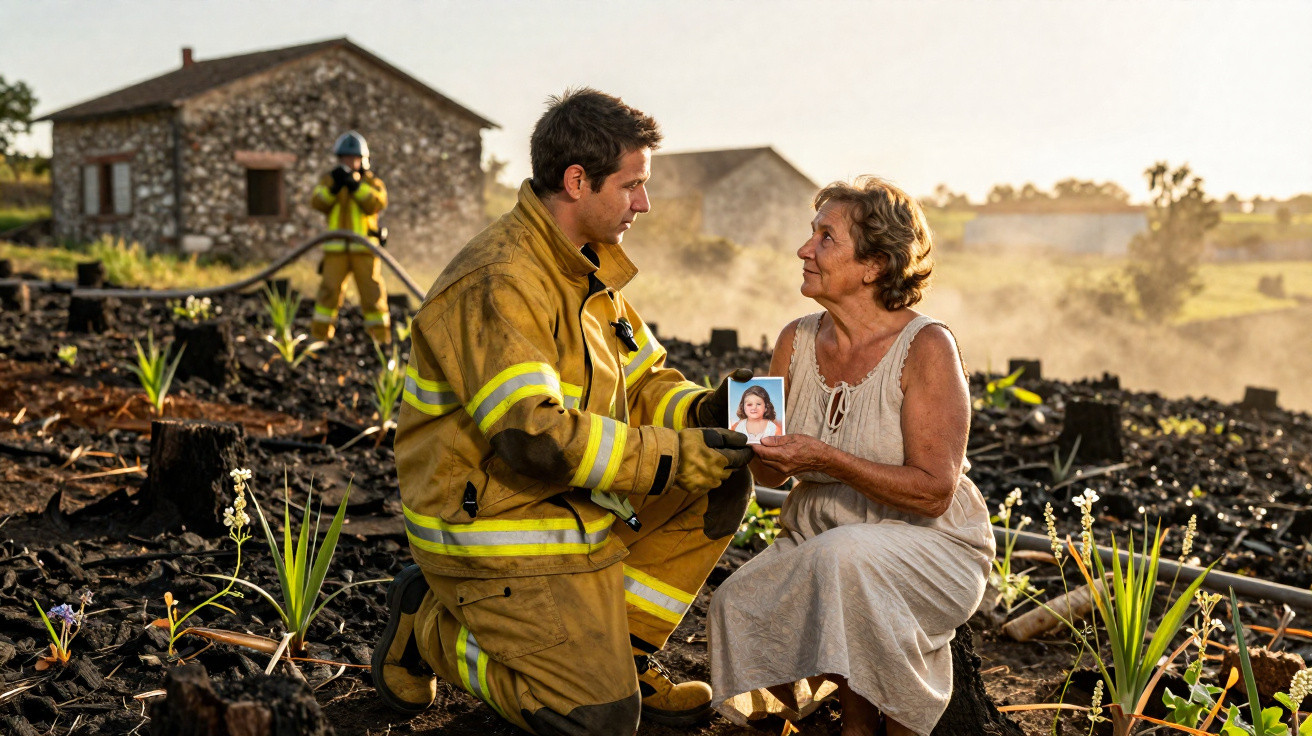 Bombeiro entrega foto a mulher idosa numa área queimada após incêndio rural com casa de pedra ao fundo.