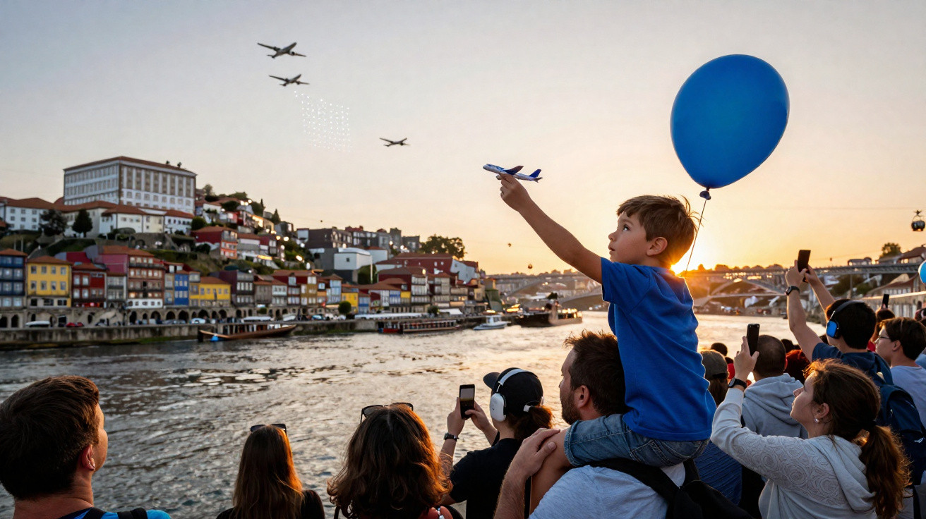 Criança com balão azul na festa aérea sobre o rio com multidão e casas coloridas ao pôr do sol.