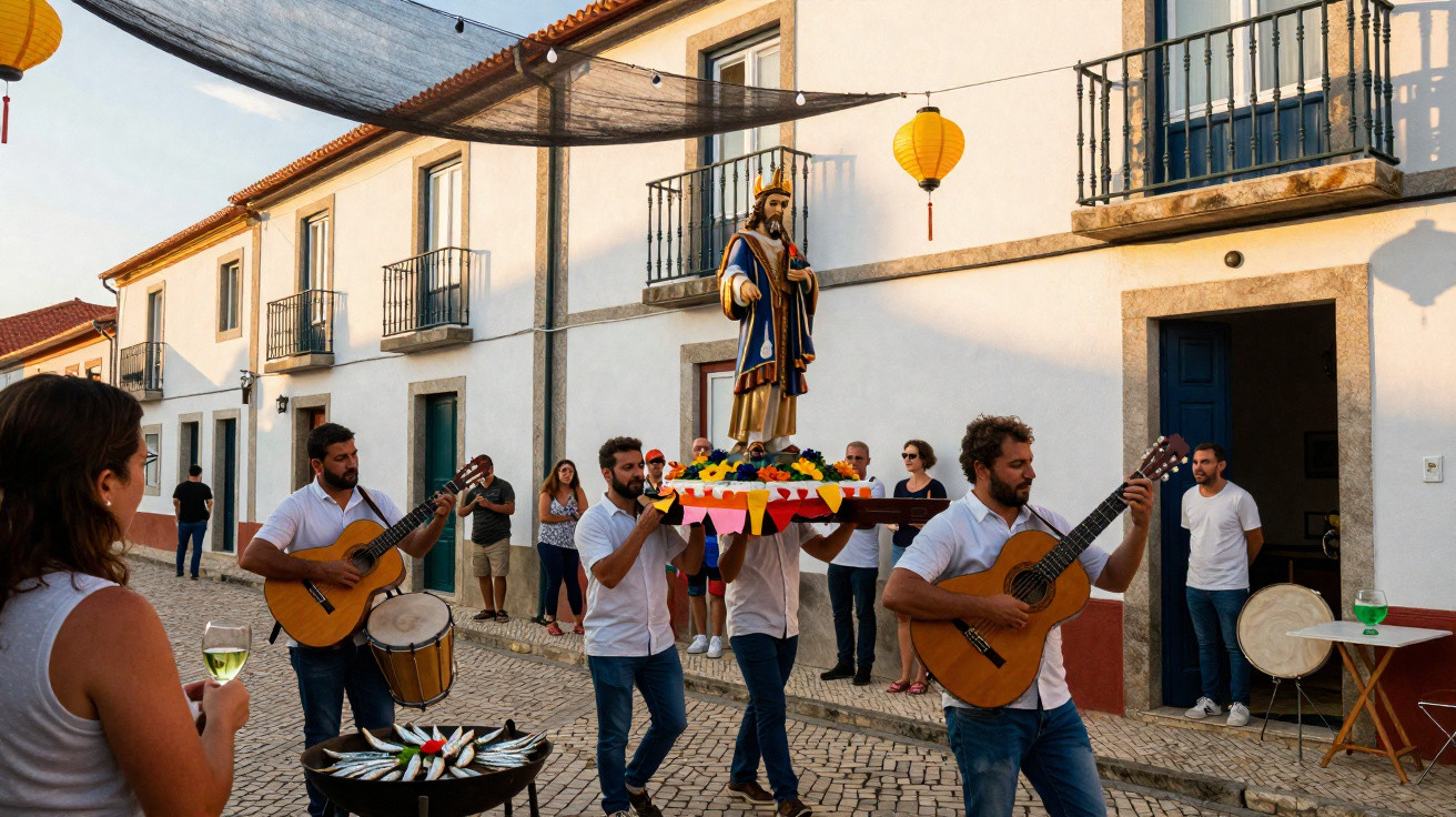 Procissão tradicional com músicos e estátua religiosa numa rua de calçada portuguesa durante o dia.