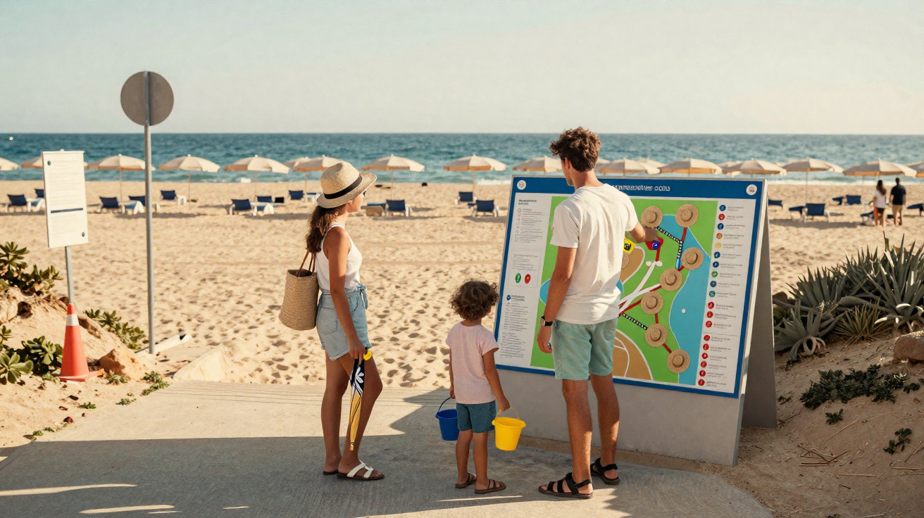 Família consulta mapa informativo numa entrada para a praia com guarda-sóis e mar ao fundo.