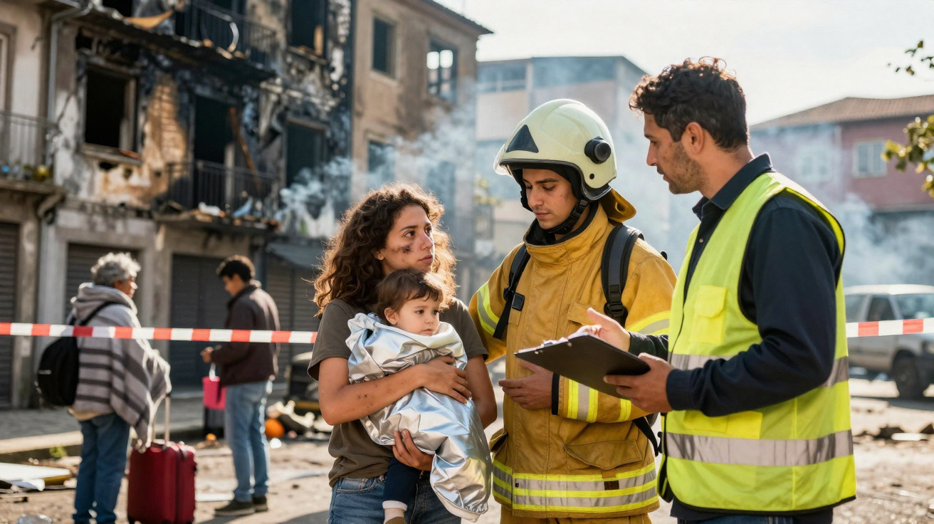Bombeiro e socorrista assistem mulher com bebé após incêndio em prédio urbano danificado.
