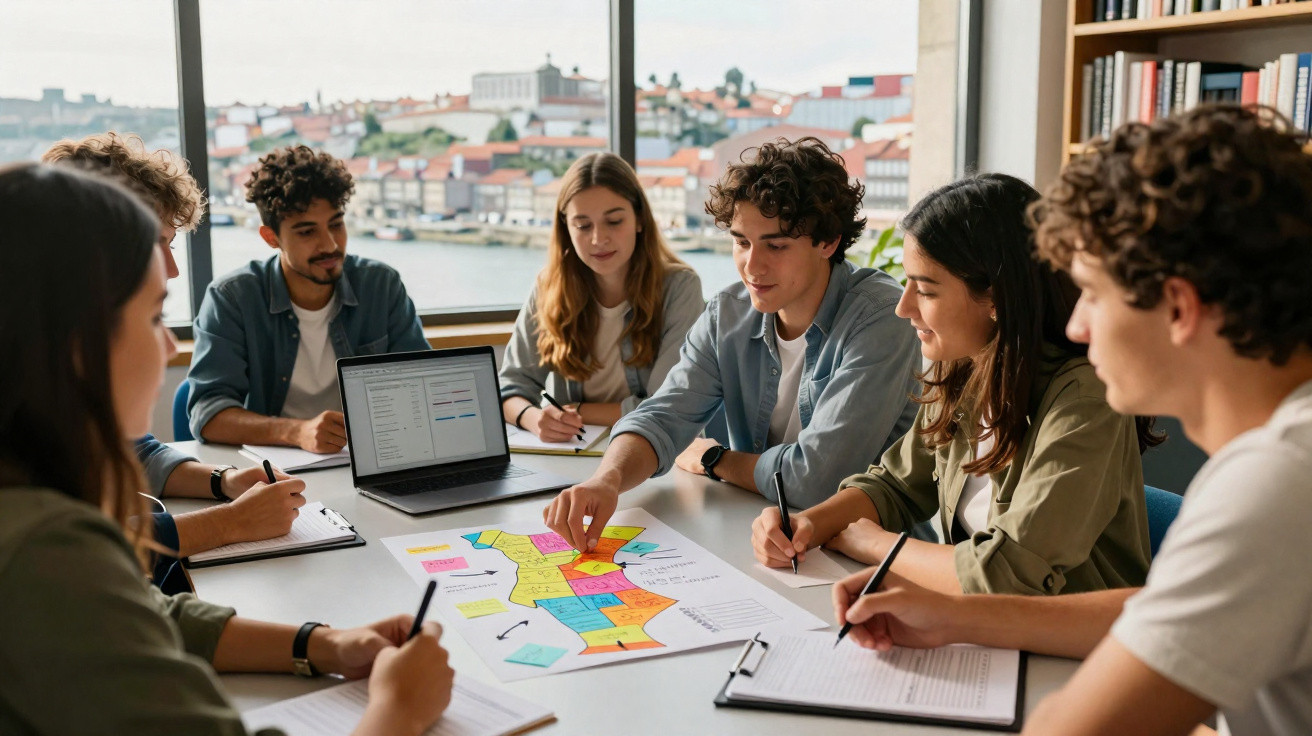 Grupo de jovens a colaborar em projeto, com mapa colorido e computador numa sala com vista para a cidade.