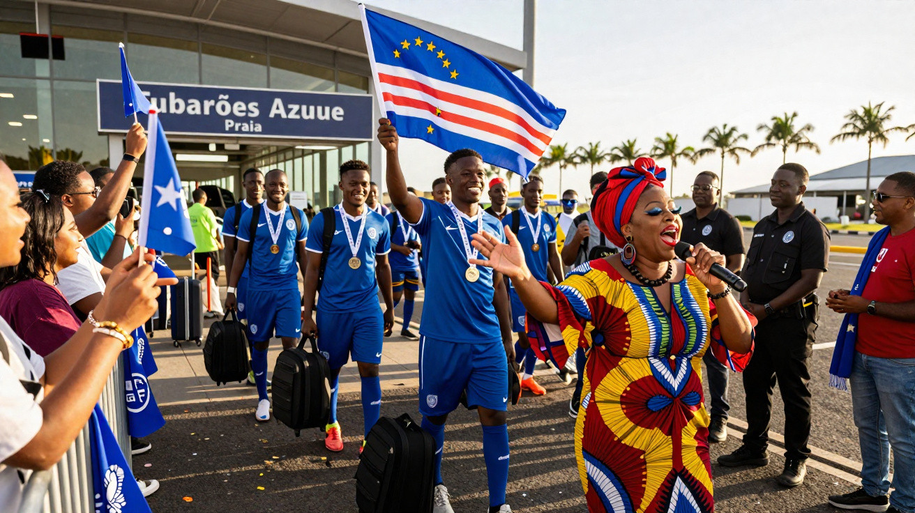 Jogadores de futebol de Cabo Verde celebram com bandeiras e música à chegada ao aeroporto de Praia.