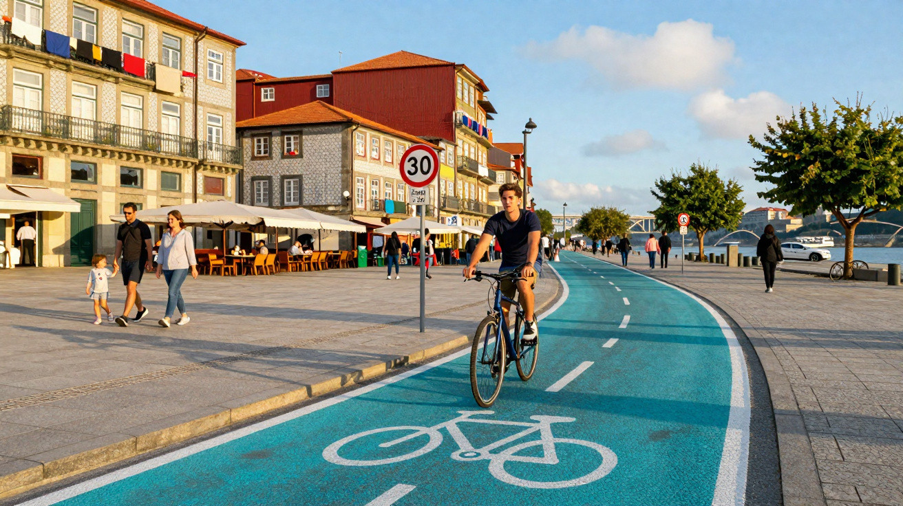 Ciclista numa ciclovia azul à beira-rio em zona urbana com passado histórico e pessoas a passear.