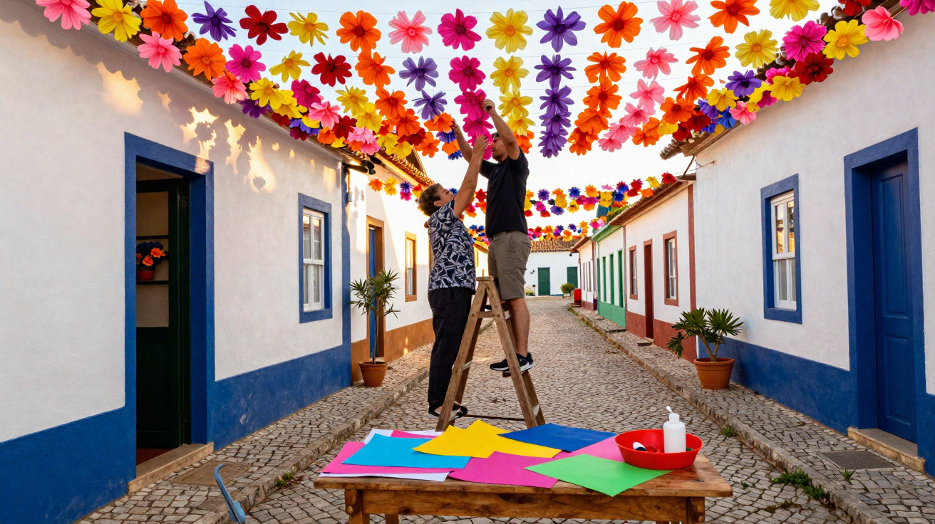 Duas pessoas colocam flores de papel coloridas num beco com casas típicas portuguesas durante o dia.
