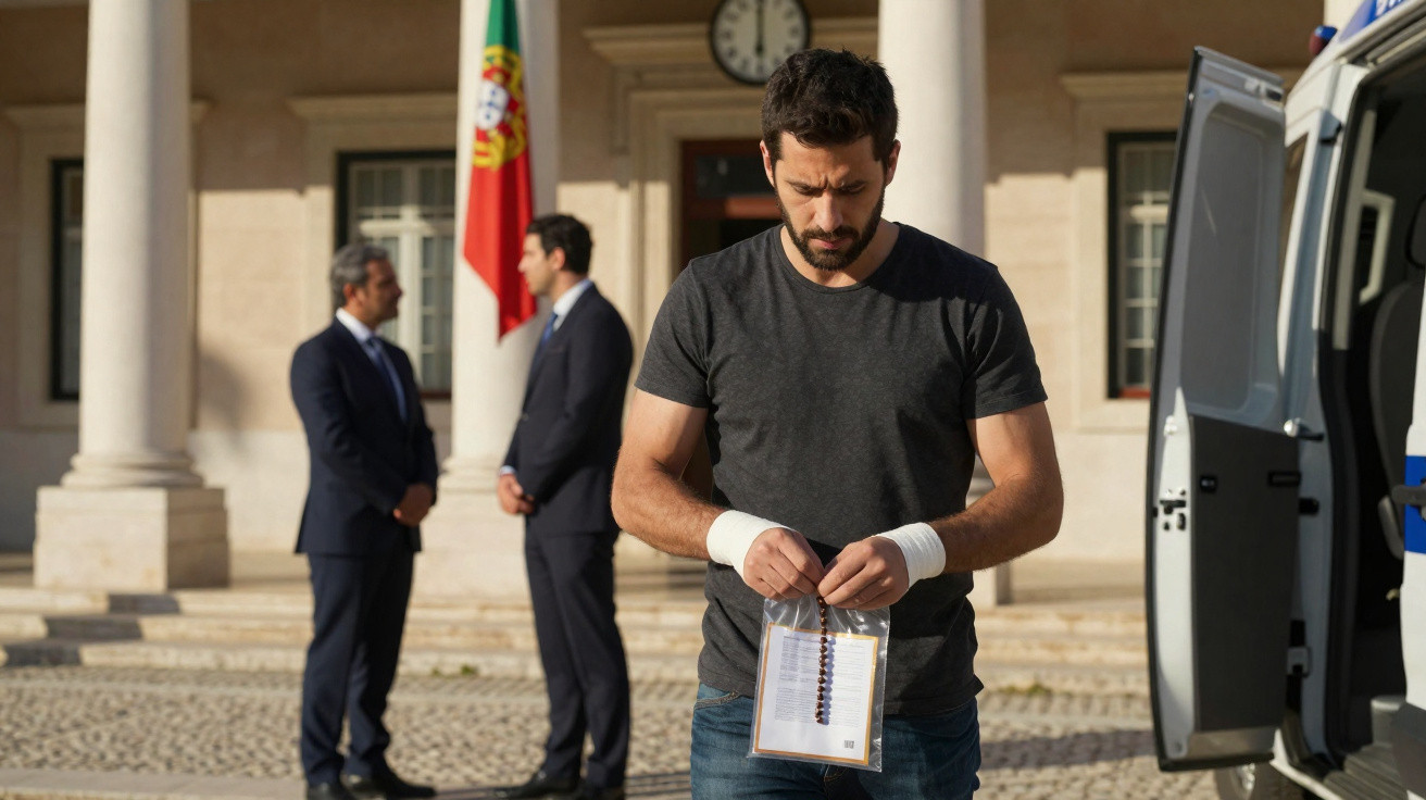 Homem com mãos envolvidas em ataduras segura rosário e papel, com dois homens de fato ao fundo e bandeira de Portugal.