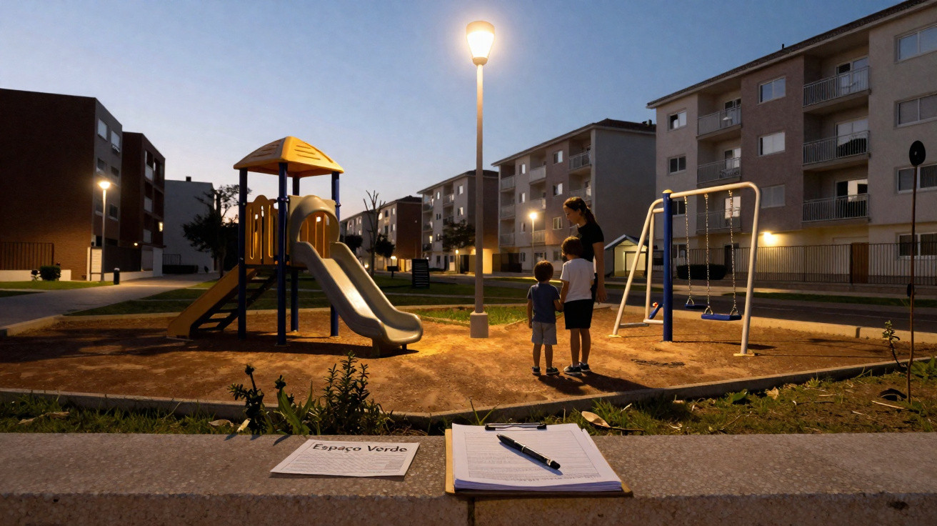 Parque infantil ao entardecer com escorrega, baloiços, três pessoas e prédios residenciais ao fundo.