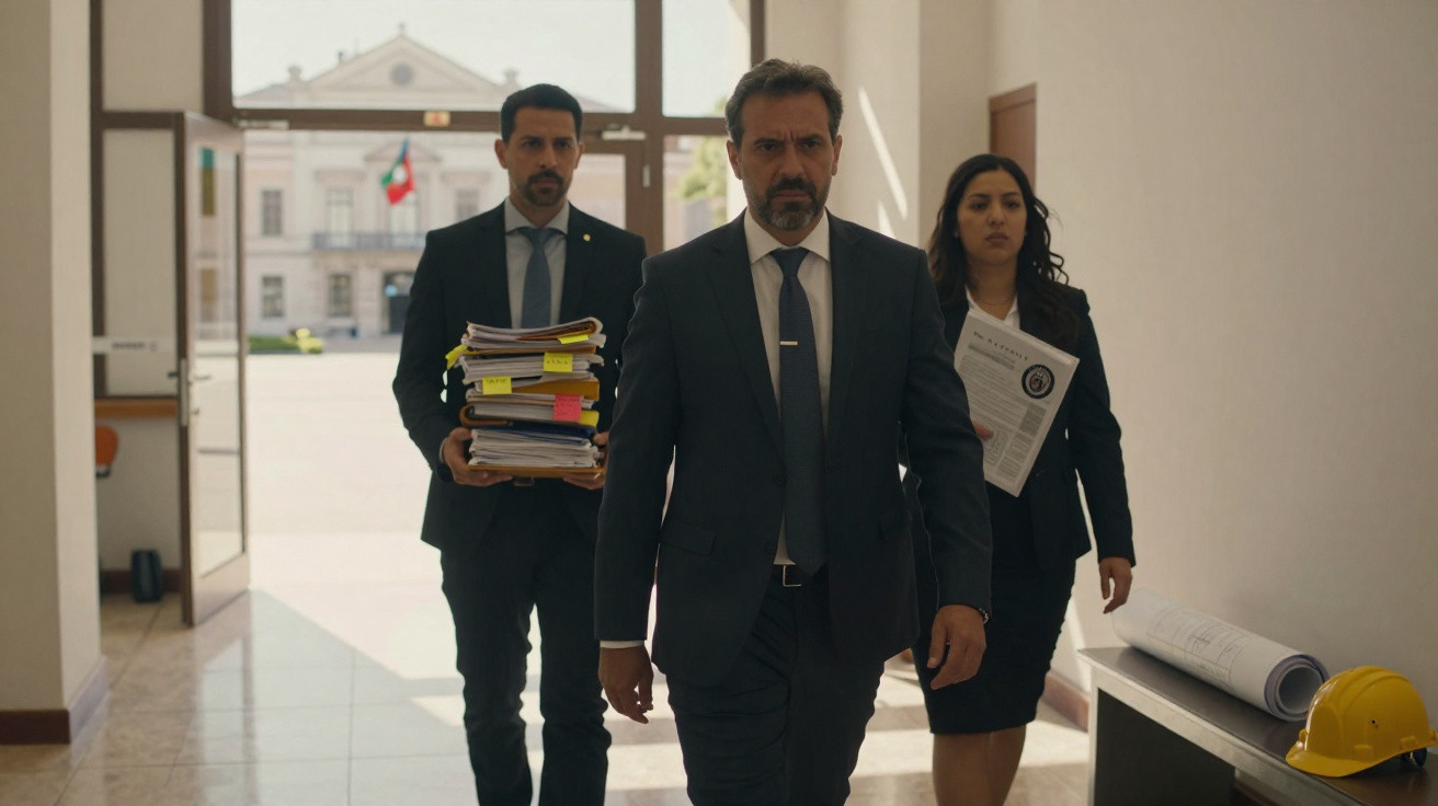 Três profissionais em fato, dois homens e uma mulher, caminham com documentos num edifício institucional.