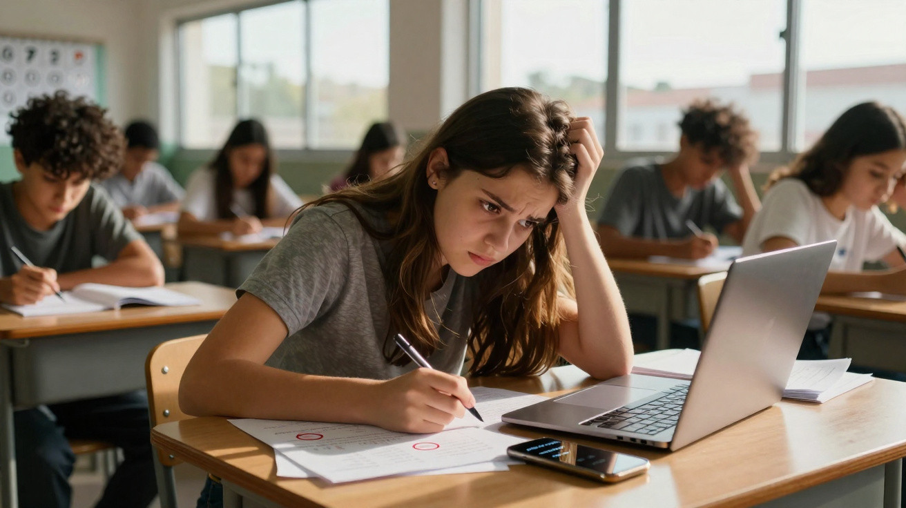 Estudante preocupada a fazer exame numa sala de aula com outros alunos concentrados.
