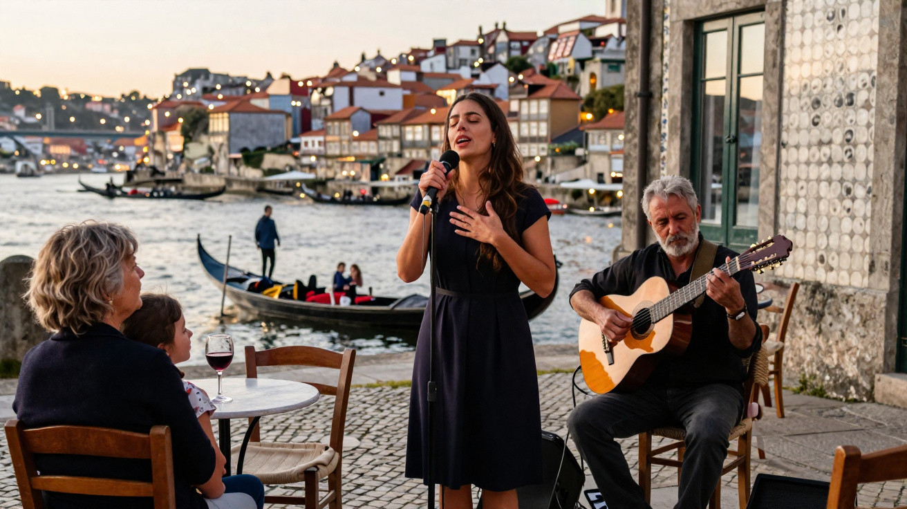 Cantora e guitarrista animam uma esplanada junto ao rio numa cena típica de Porto ao pôr do sol.