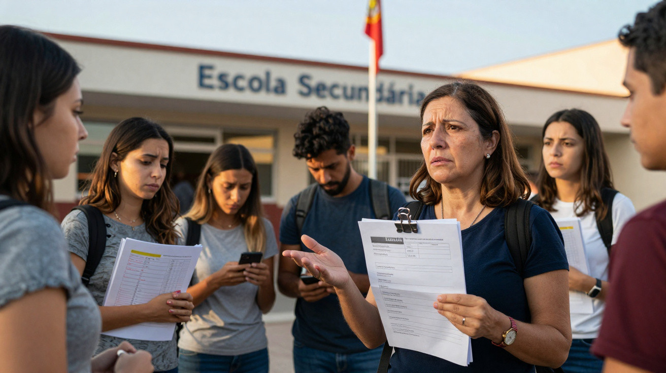 Mulher com documentos fala para grupo de jovens à frente de escola secundária em Portugal.