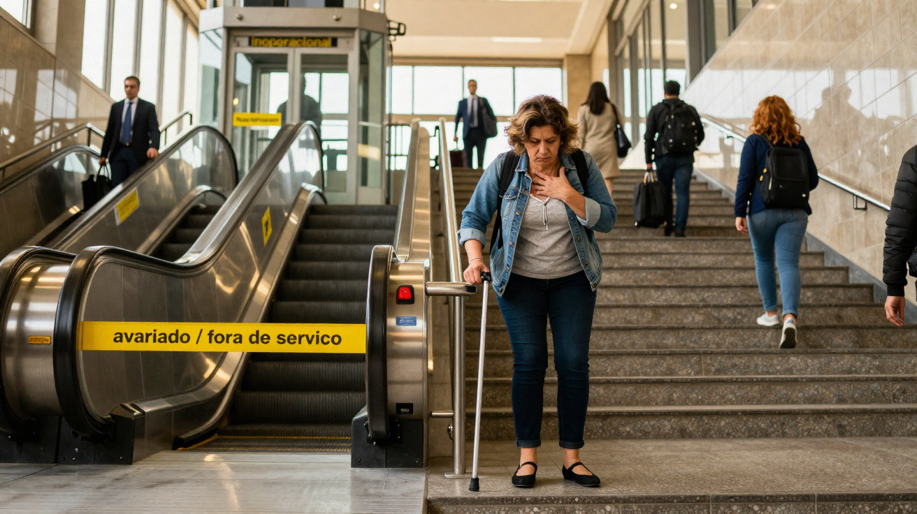 Mulher com muleta e expressão de desconforto desce escadas ao lado de escada rolante avariada numa estação.