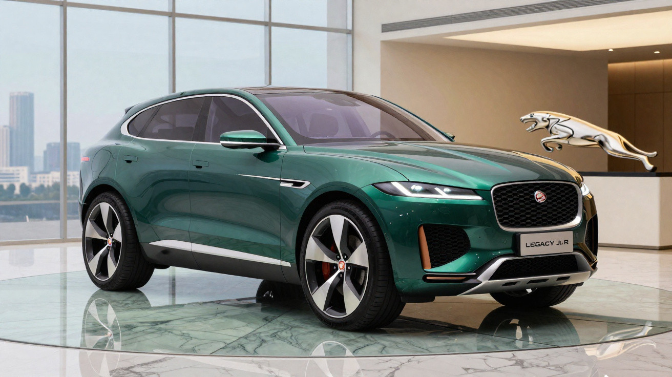Veículo SUV verde Jaguar Legacy JLR exposto em espaço moderno com elementos de vidro e mármore.