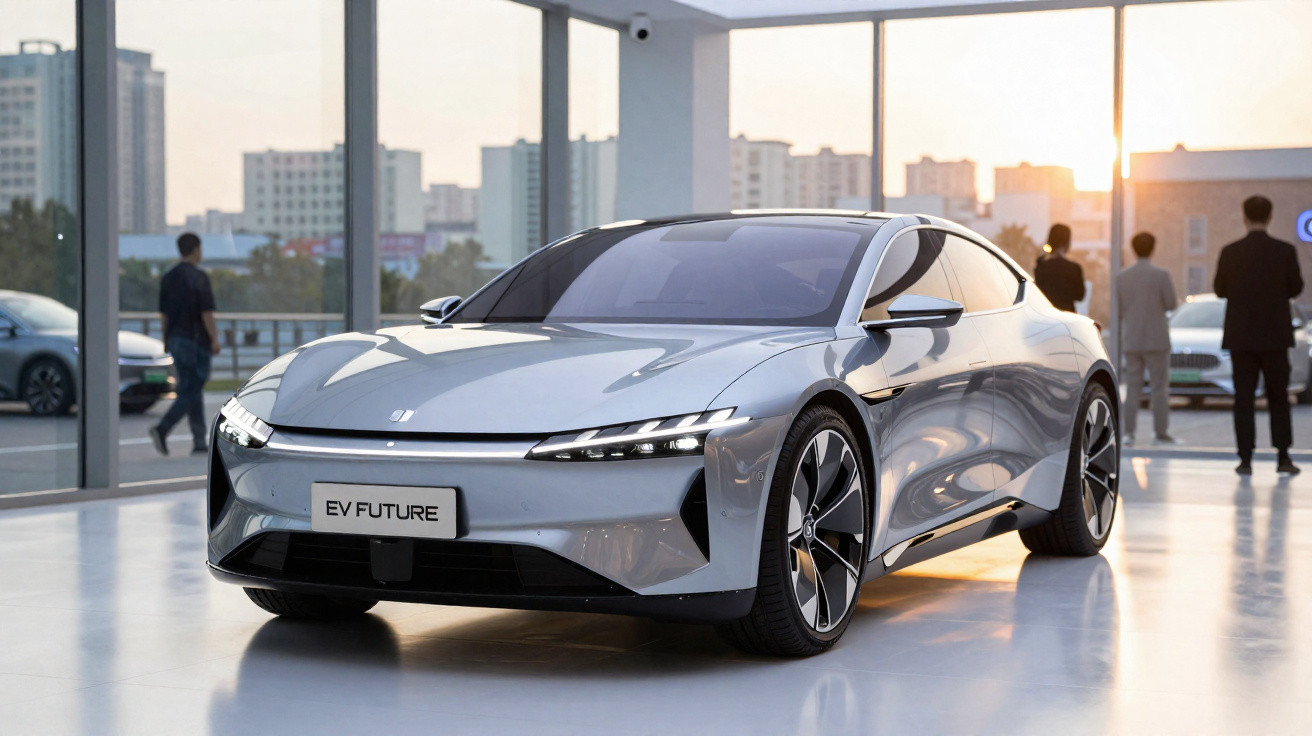 Carro elétrico cinza moderno estacionado em espaço interior com janelas grandes e pessoas ao fundo.