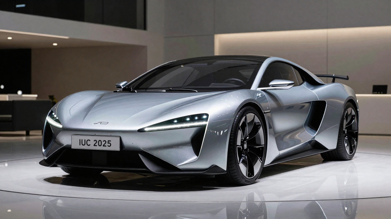 Carro desportivo cinza metálico com linhas aerodinâmicas e faróis LED modernos num ambiente interior elegante.
