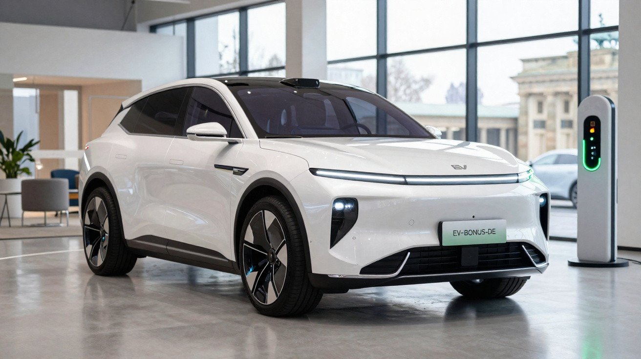 Automóvel elétrico branco estacionado junto a posto de carregamento numa garagem moderna com grandes janelas.