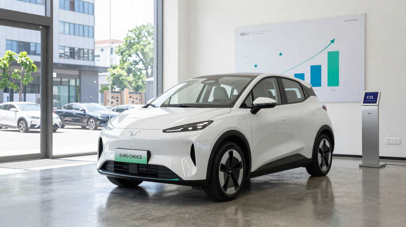 Carro elétrico branco moderno em showroom com gráfico de crescimento e estação de carregamento ao fundo.