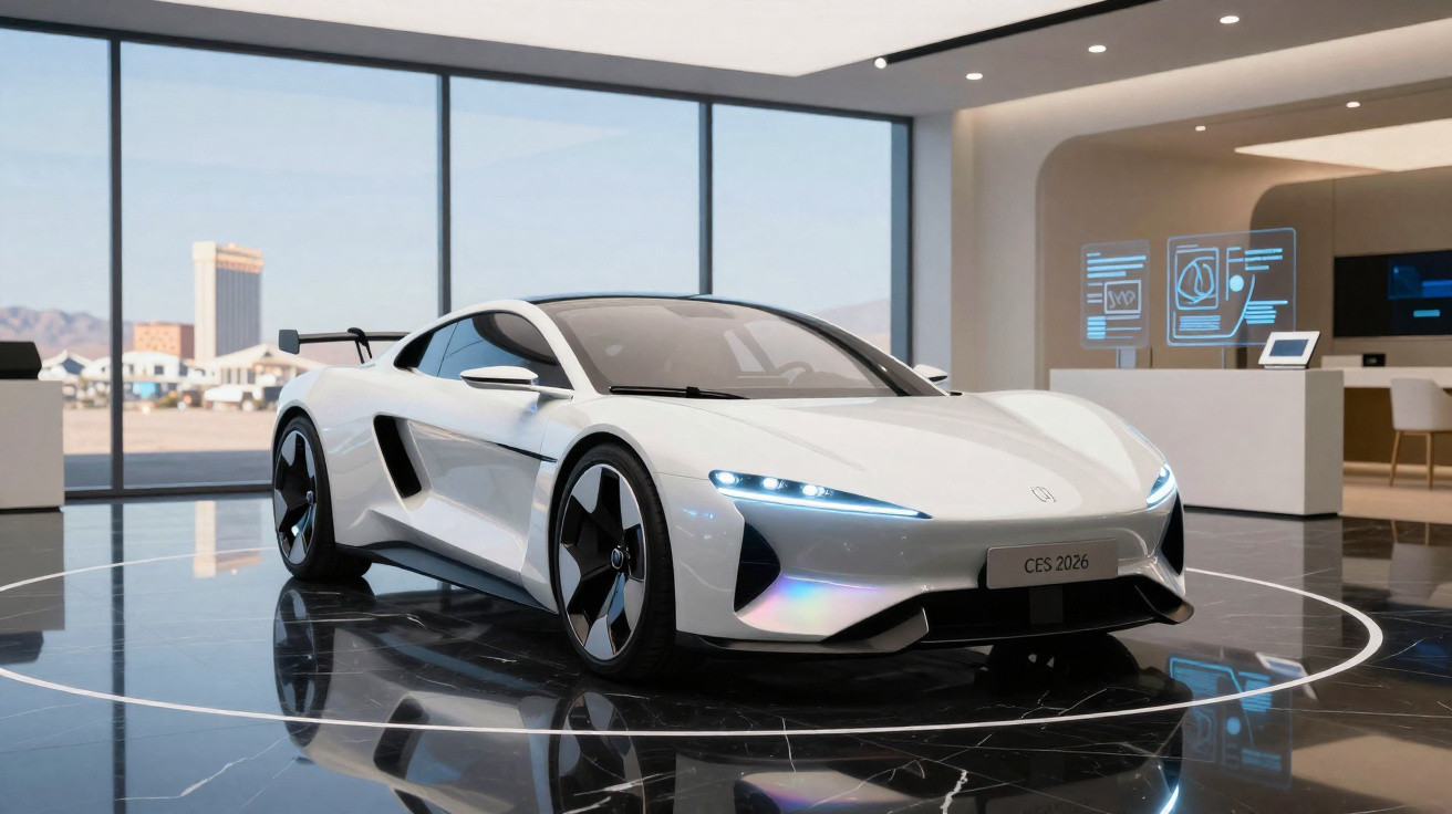 Carro desportivo elétrico branco CES 2026 exibido num showroom moderno com chão polido e vidros amplos.
