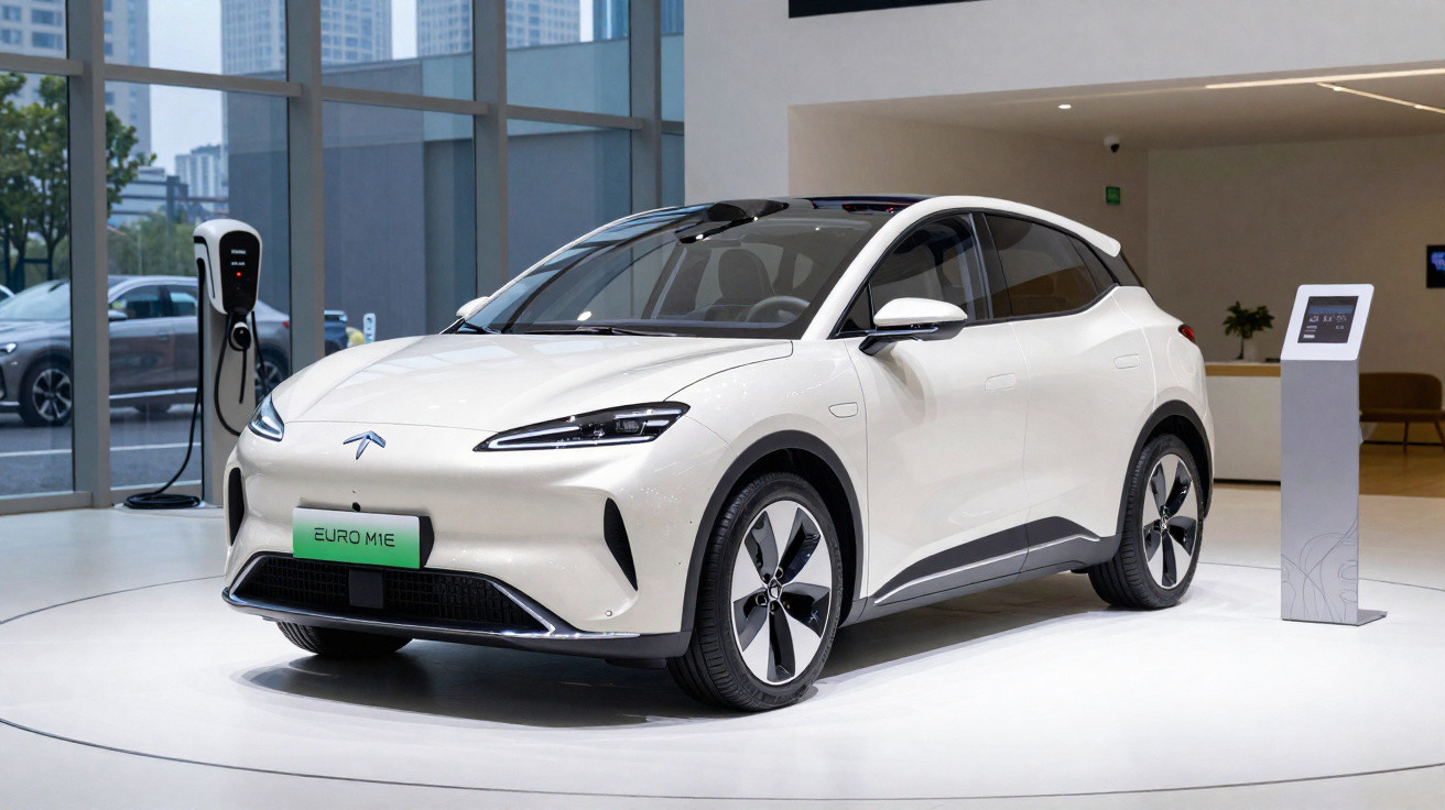 Carro elétrico branco em exposição numa sala moderna, com posto de carregamento e painel informativo.