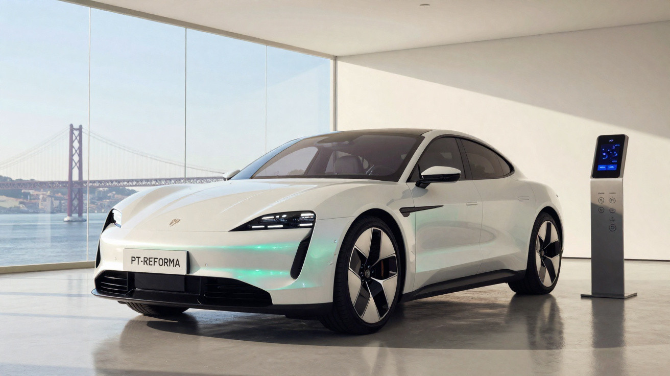 Carro elétrico branco Porsche Taycan estacionado em interior com vista para ponte e rio ao fundo.