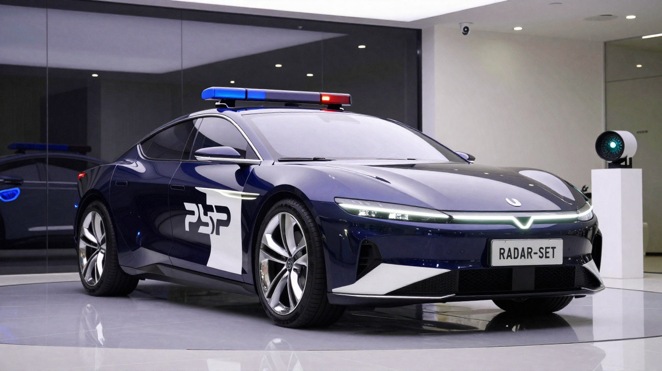 Carro policial desportivo azul com luzes de emergência no tejadilho numa sala moderna e minimalista.