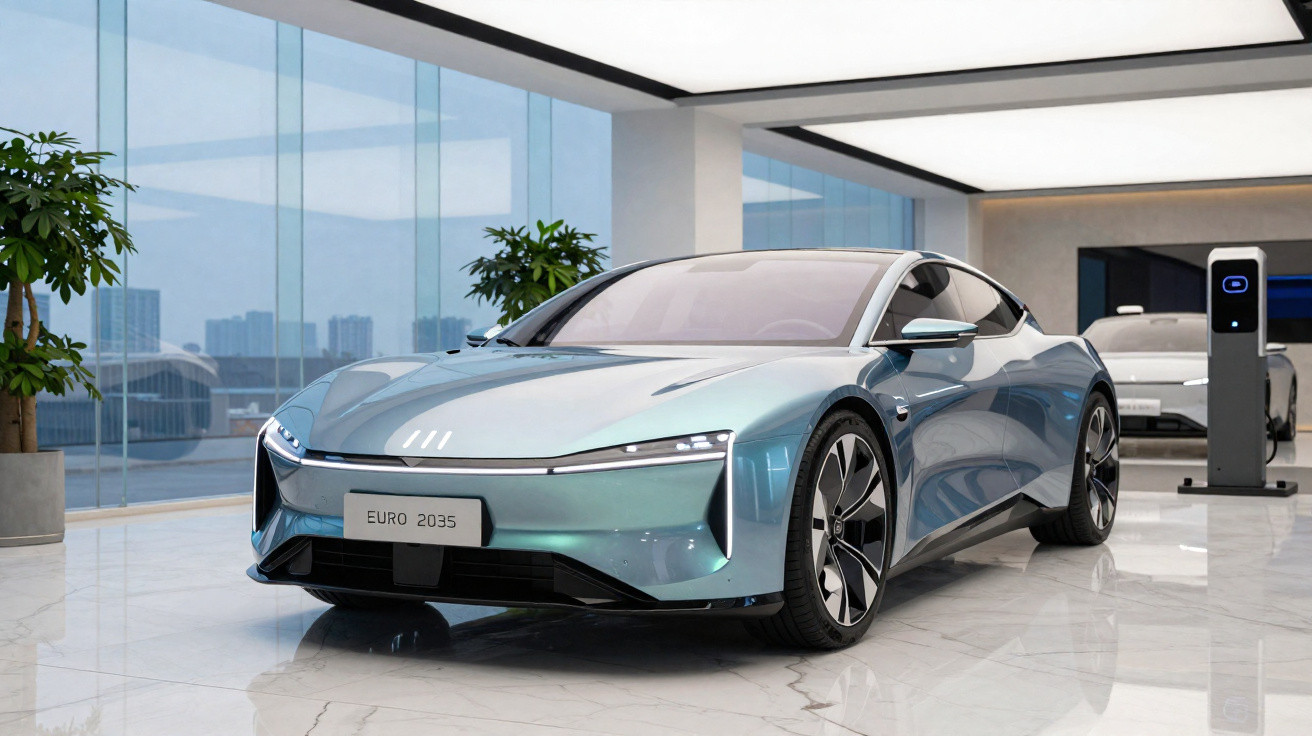 Carro elétrico futurista azul metálico estacionado numa sala moderna com piso branco e plantas verdes.