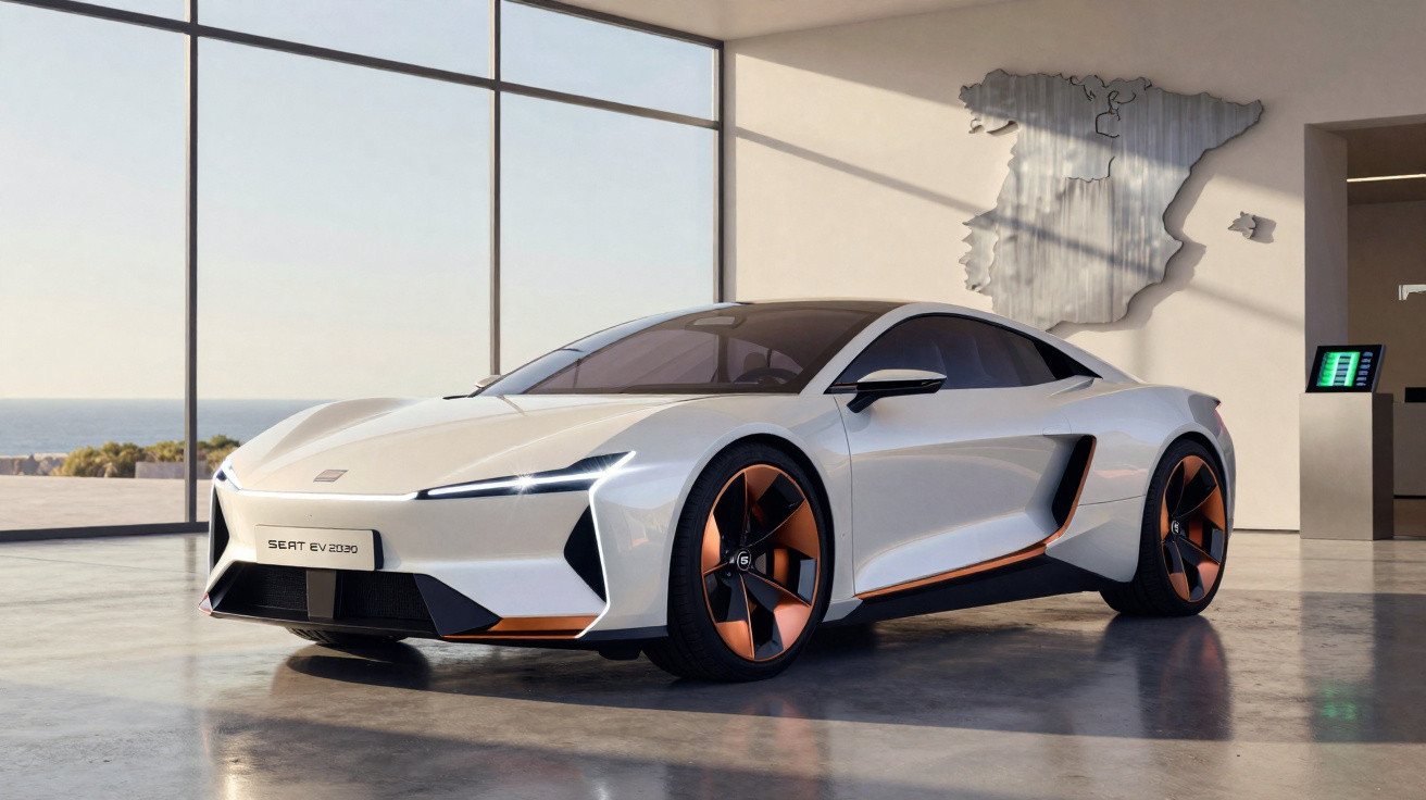 Carro desportivo elétrico Seat EV 2030 branco com detalhes laranja numa sala com vista para o mar.