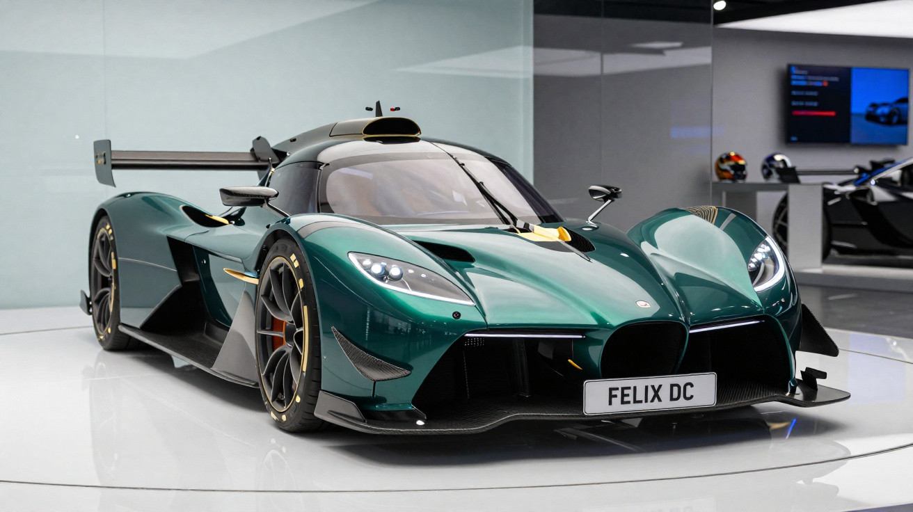 Carro desportivo verde metálico com design aerodinâmico e asa traseira, exibido em espaço moderno.
