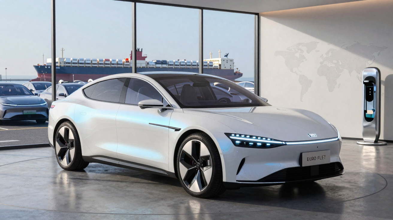 Carro elétrico branco moderno estacionado em showroom com grandes janelas e estação de carregamento.