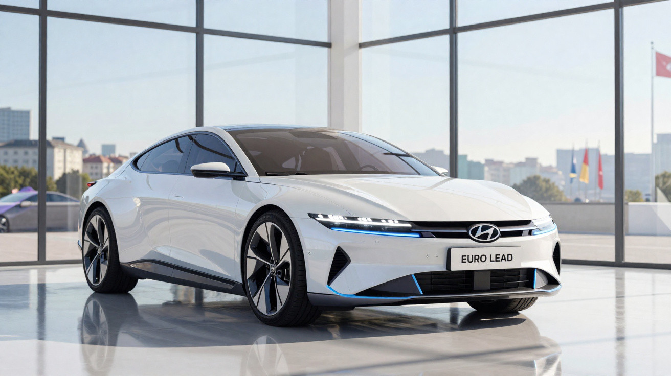 Carro elétrico Hyundai Euro Lead branco num showroom com janelas amplas e vista urbana ao fundo.
