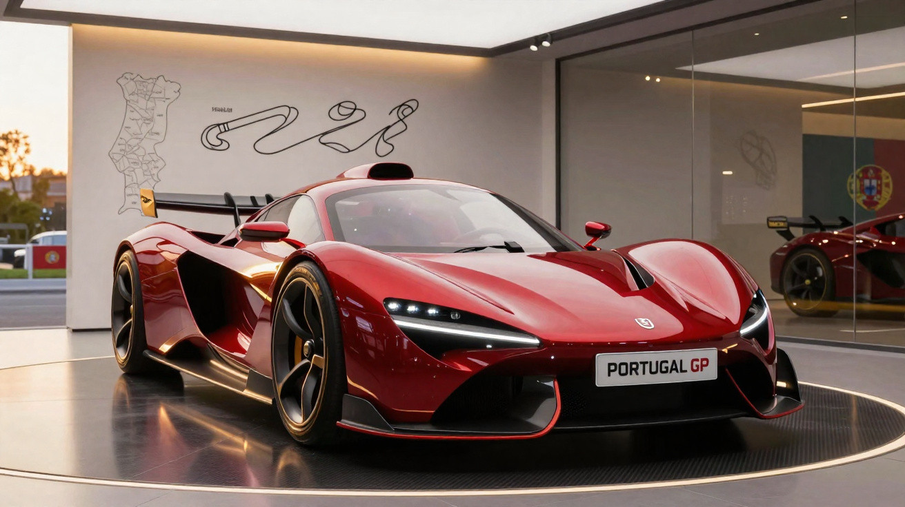 Carro desportivo vermelho brilhante exposto numa sala moderna com vidro e iluminações quentes.