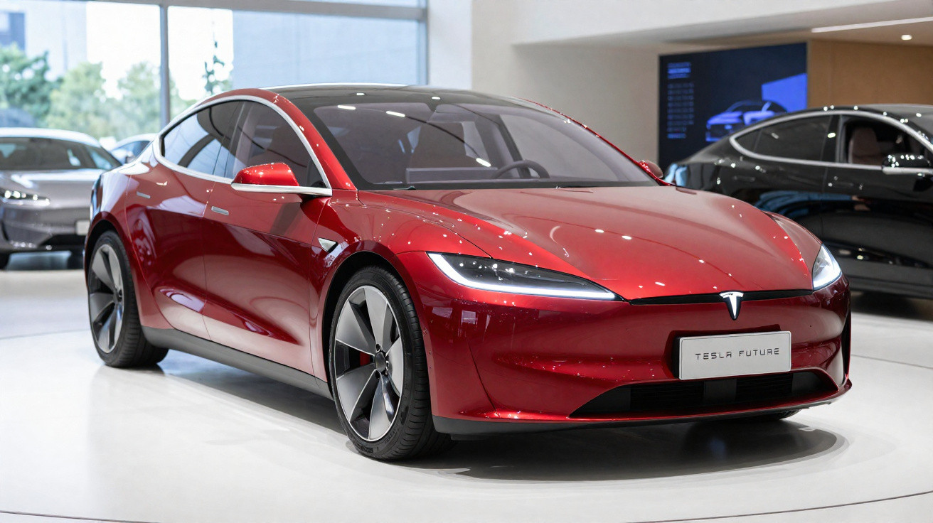 Carro elétrico Tesla vermelho brilhante exposto em showroom moderno com fundo de outros veículos.