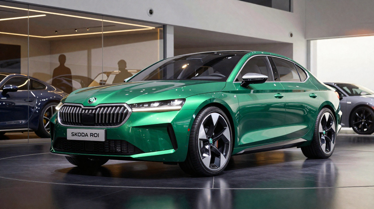 Carro elétrico verde Skoda R01 apresentado num showroom moderno com chão refletor.