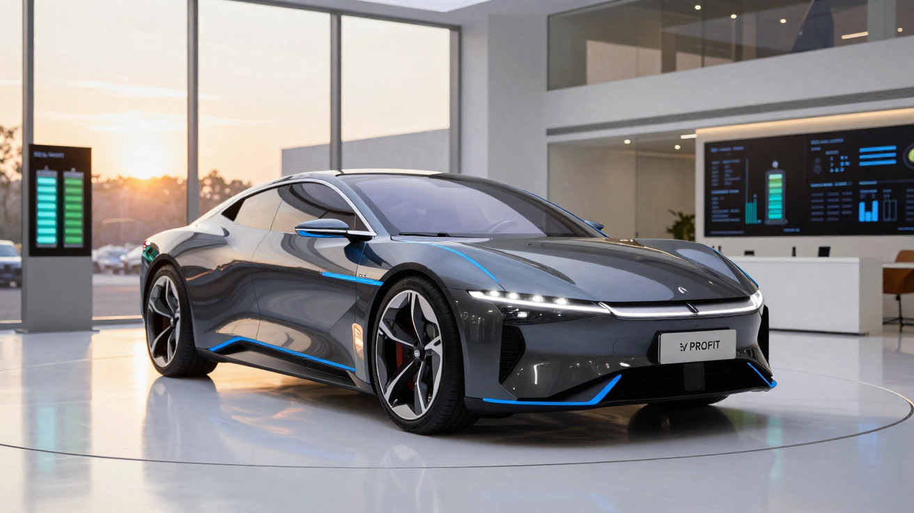 Carro desportivo elétrico moderno cinza com detalhes azuis exposto em sala futurista ao pôr do sol.