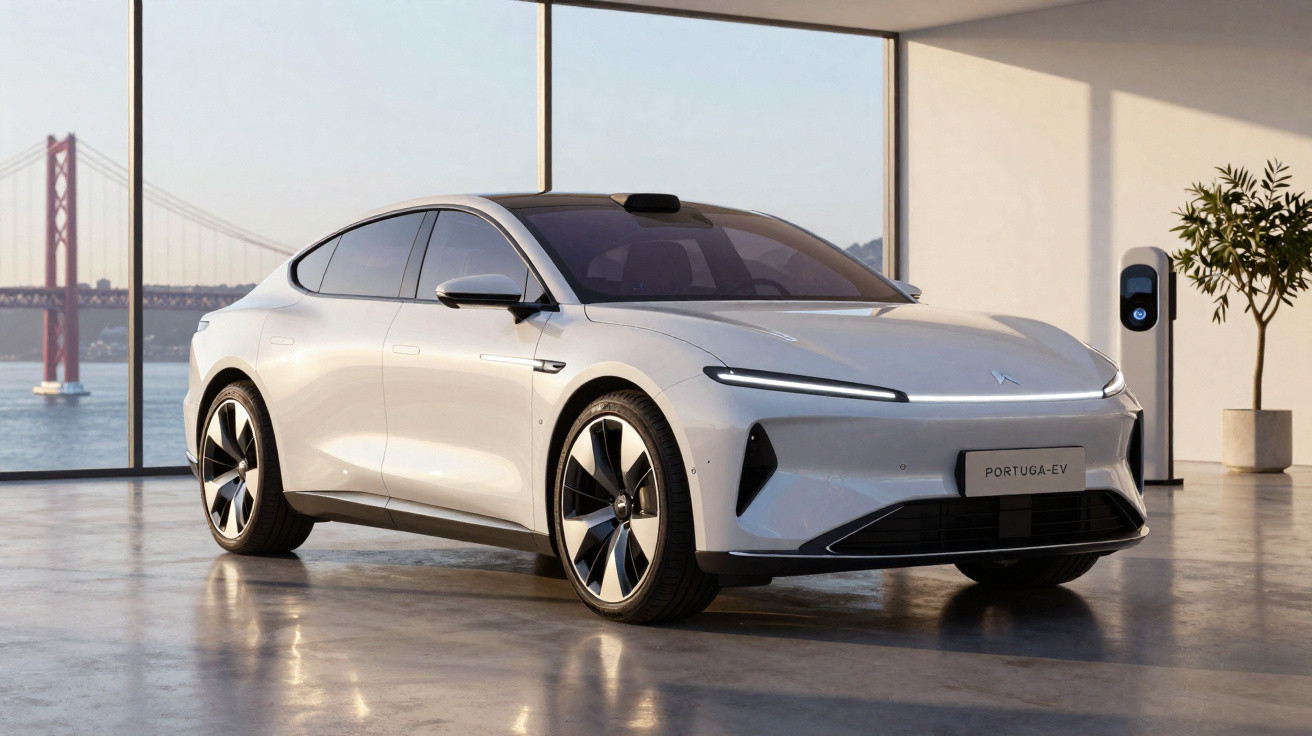 Carro elétrico branco estacionado em garagem moderna com grande janela e ponte ao fundo.