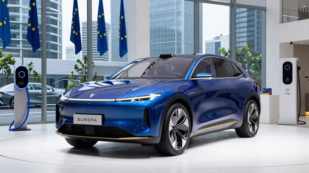 Carro elétrico azul moderno numa exposição com bandeiras da União Europeia e estações de carregamento.